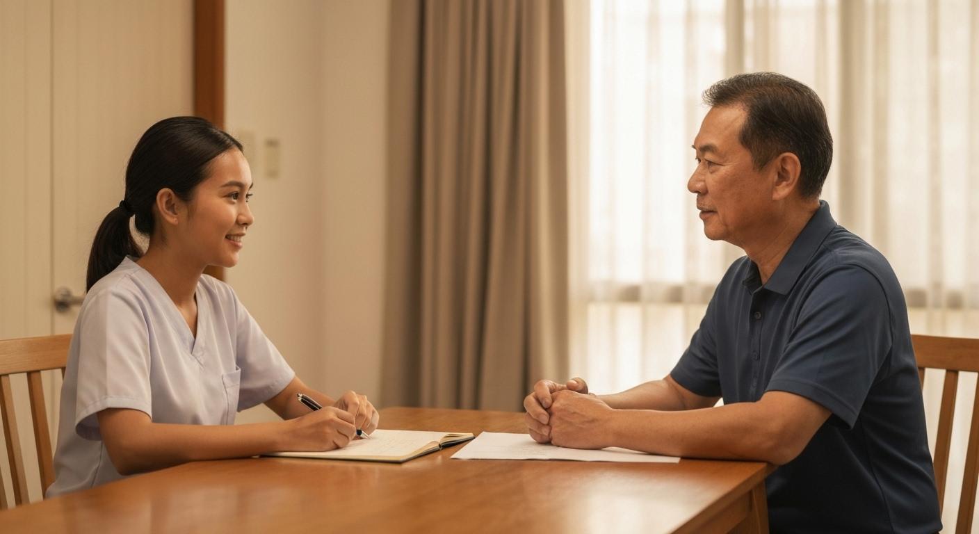 雇主與移工在桌前討論薪資預支事宜,移工正書寫紀錄,強調契約與界線。