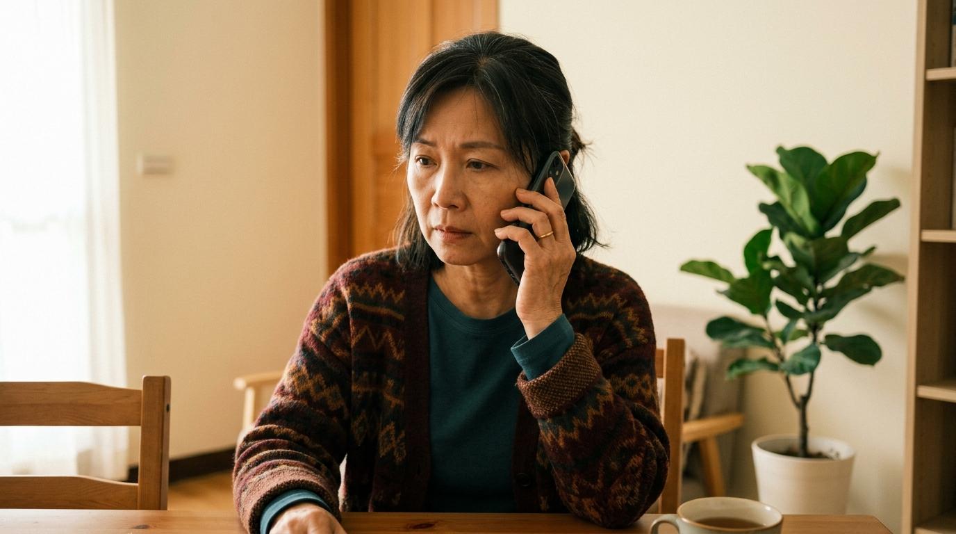 一位雇主打電話諮詢外籍看護廢聘後轉換雇主空窗期的責任問題,神情擔憂。