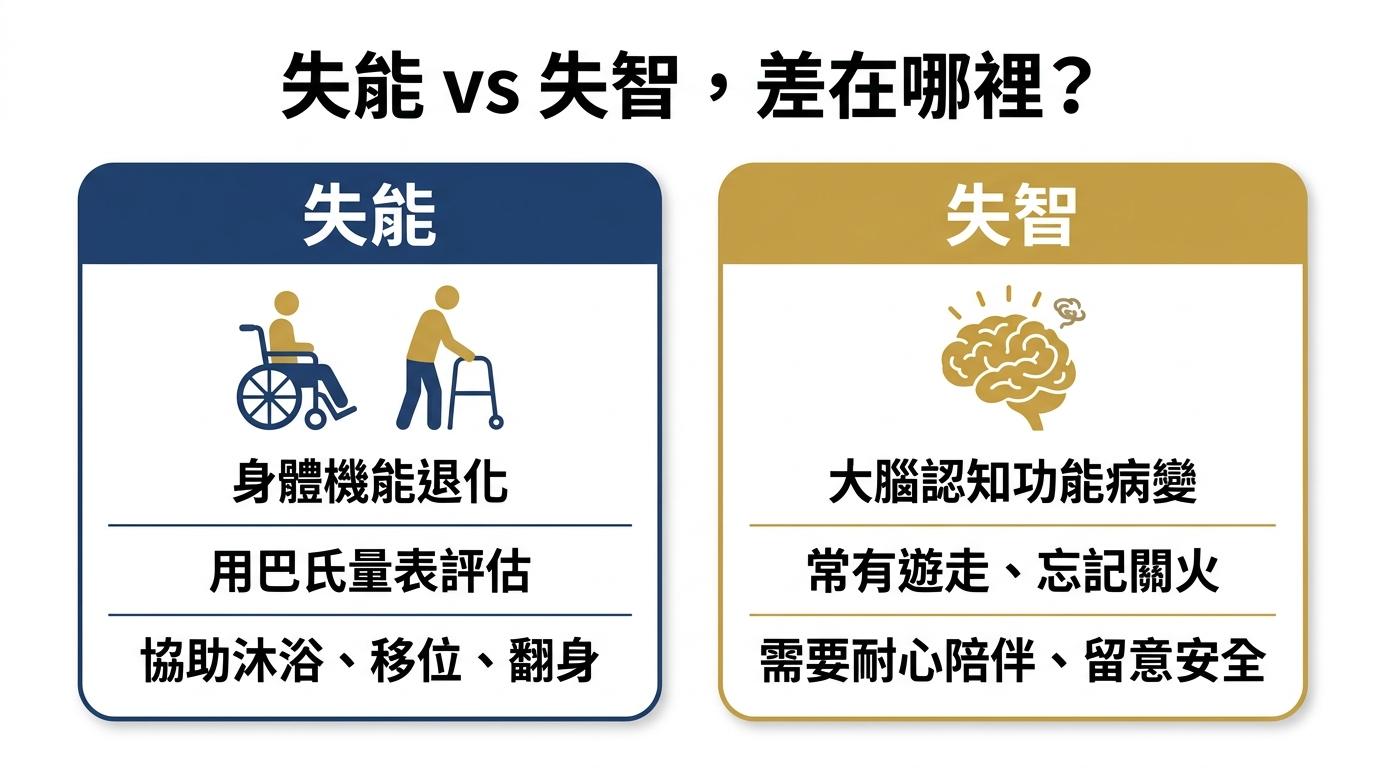 失能與失智對照圖，失能為身體機能退化用巴氏量表評估，失智為大腦認知功能病變常有遊走與忘記關火