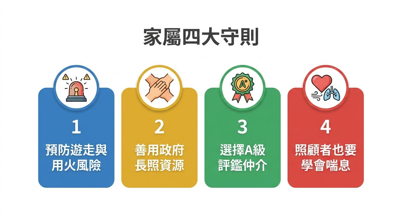家屬四大守則：預防遊走與用火風險、善用政府長照資源、選擇A級評鑑仲介、照顧者也要學會喘息