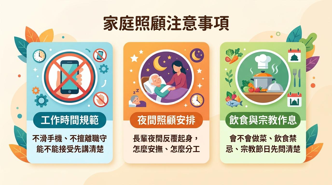 生活細節與配合規範3項重點:工作時間規範不滑手機不擅離職守、夜間照顧安排長輩反覆起身怎麼安撫分工、飲食與宗教作息會不會做菜飲食禁忌宗教節日