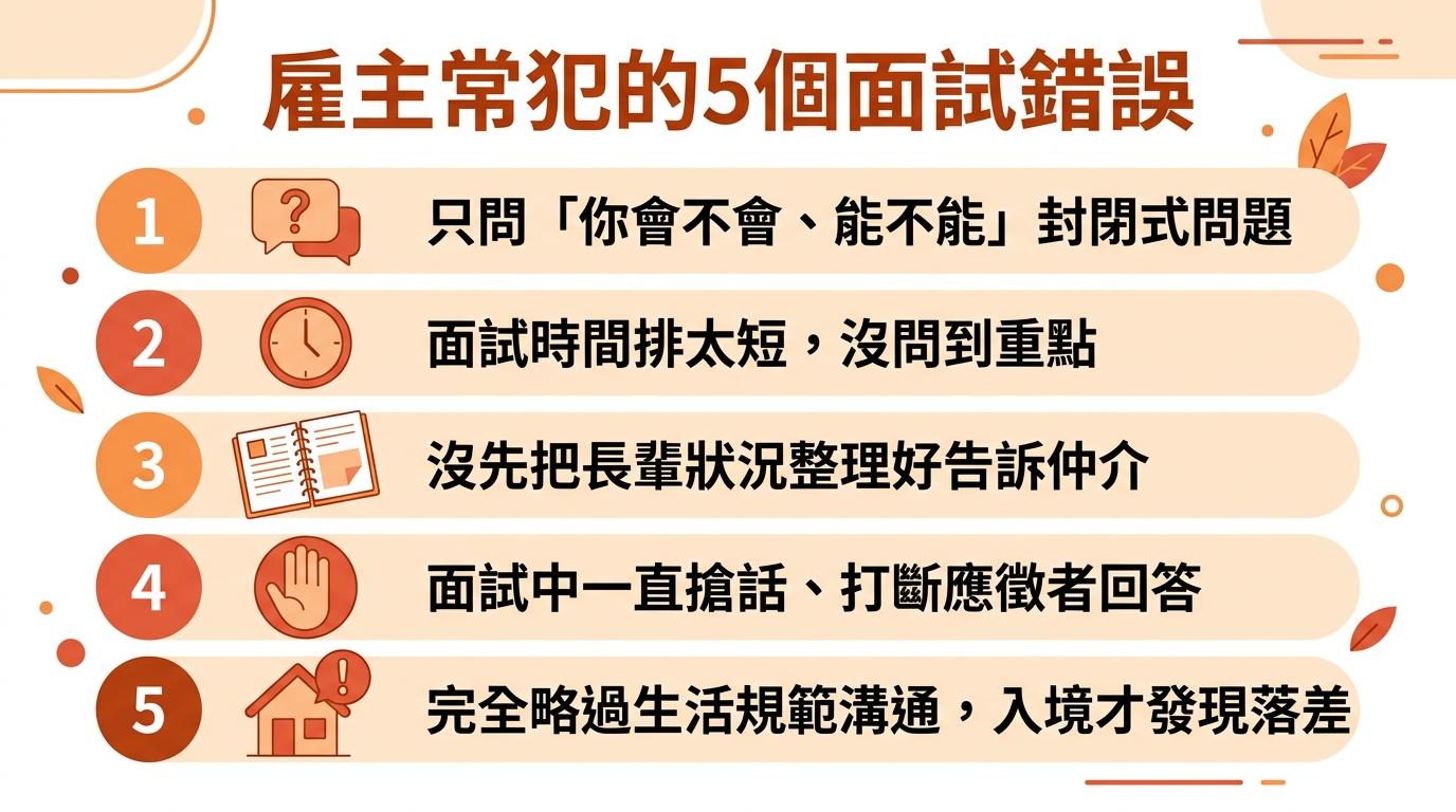 雇主常犯的5個面試錯誤:只問封閉式問題、面試時間排太短、沒先整理長輩狀況、一直搶話打斷、完全略過生活規範溝通