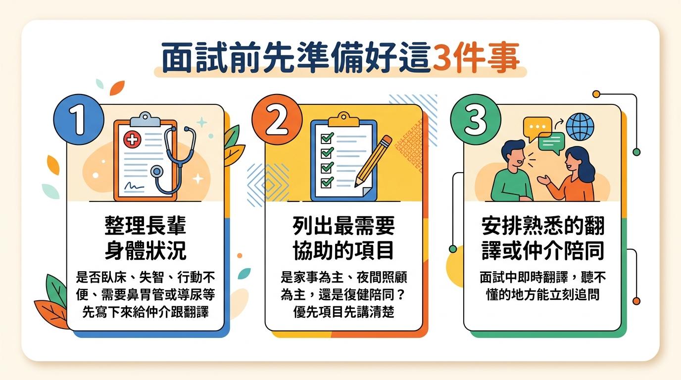 面試前先準備好這3件事:整理長輩身體狀況、列出最需要協助的項目、安排熟悉的翻譯或仲介陪同