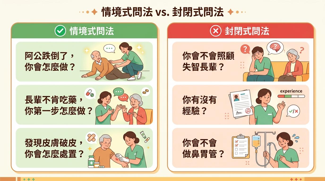 情境式問法vs封閉式問法對照:阿公跌倒了你會怎麼做、長輩不肯吃藥你第一步怎麼做、發現皮膚破皮你會怎麼處置,對比你會不會照顧失智長輩、你有沒有經驗、你會不會做鼻胃管