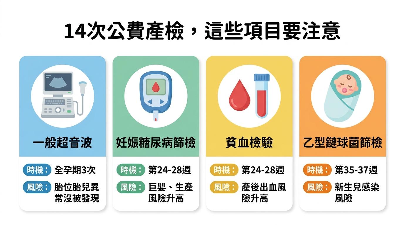 14次公費產檢重點項目:一般超音波、妊娠糖尿病篩檢、貧血檢驗、乙型鏈球菌篩檢