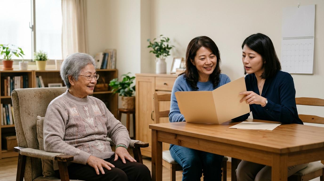 80歲免評外籍看護申請,家人與仲介顧問在溫馨居家環境中,共同討論長輩照護方案與引進選擇。