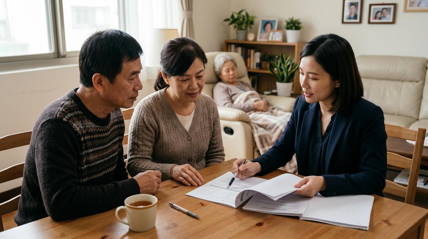 雇主夫婦與保險顧問討論外籍看護的壽險與意外險配置,確保移工病故時有足夠保障。