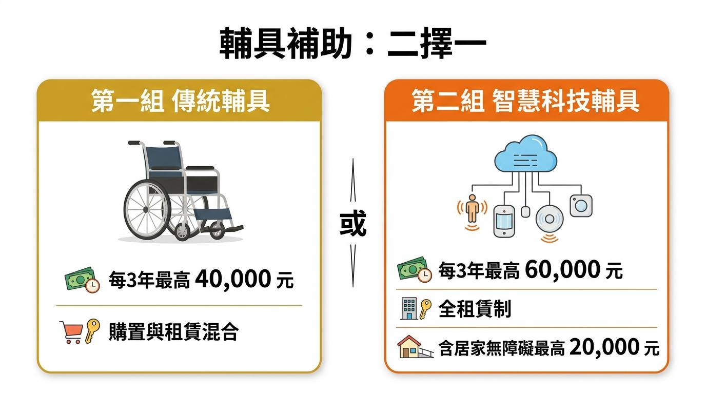 輔具補助二擇一：第一組傳統輔具每3年最高4萬元，第二組智慧科技輔具全租賃每3年最高6萬元（含居家無障礙最高2萬元）