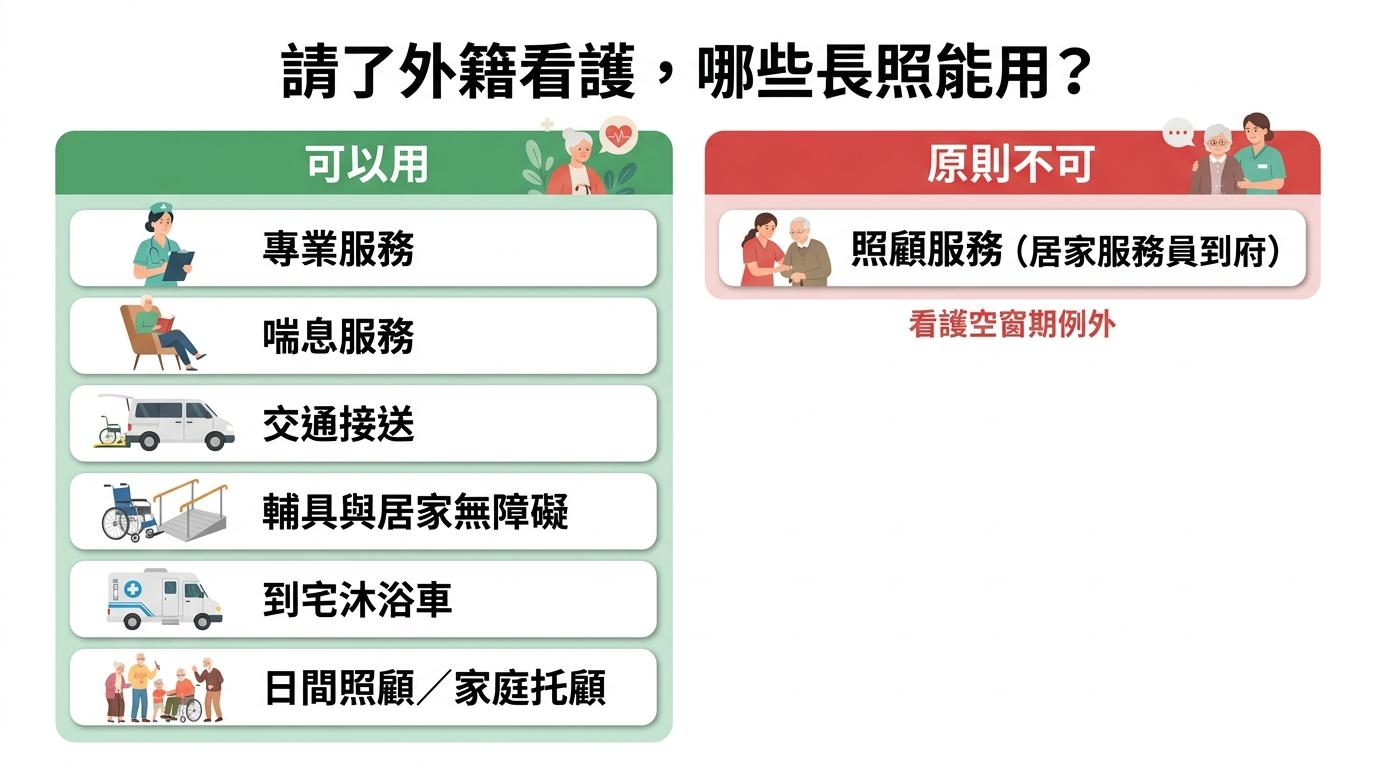 請了外籍看護哪些長照能用：專業服務、喘息、交通接送、輔具與居家無障礙、到宅沐浴車、日照與家托可用，居家服務員到府原則不可、看護空窗期例外